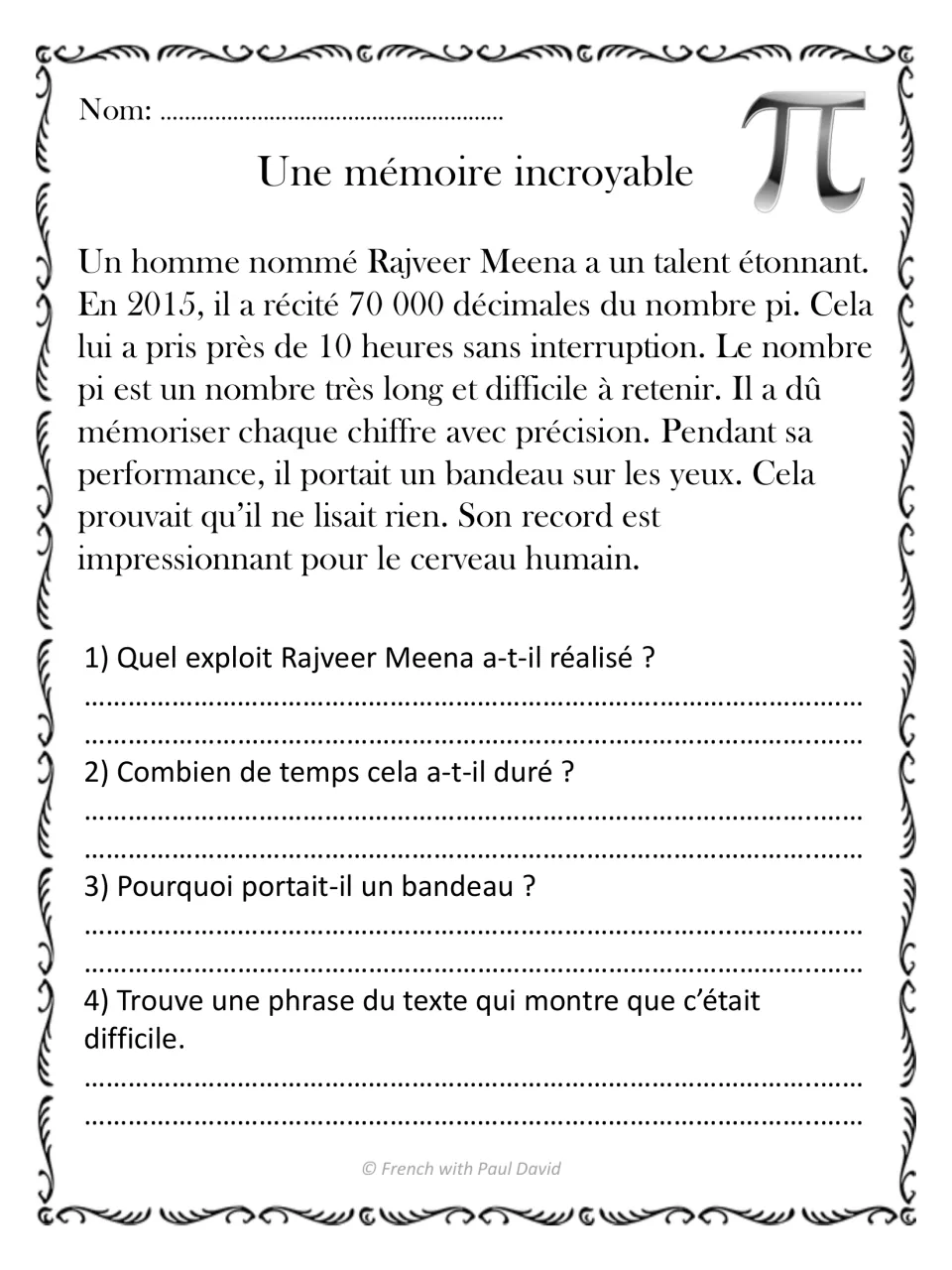 Une mémoire incroyable: students read about reciting 70 000 digits of pi, answer recall questions and quote a sentence