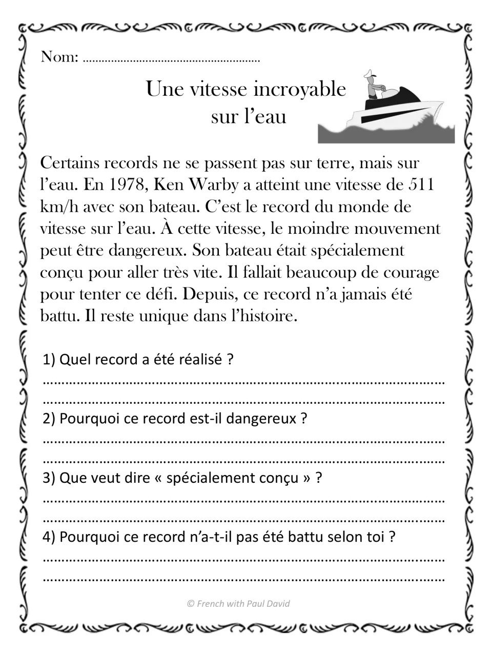 Une vitesse incroyable sur l'eau: French text on Ken Warby's 511 km/h boat record; one question asks what a phrase means