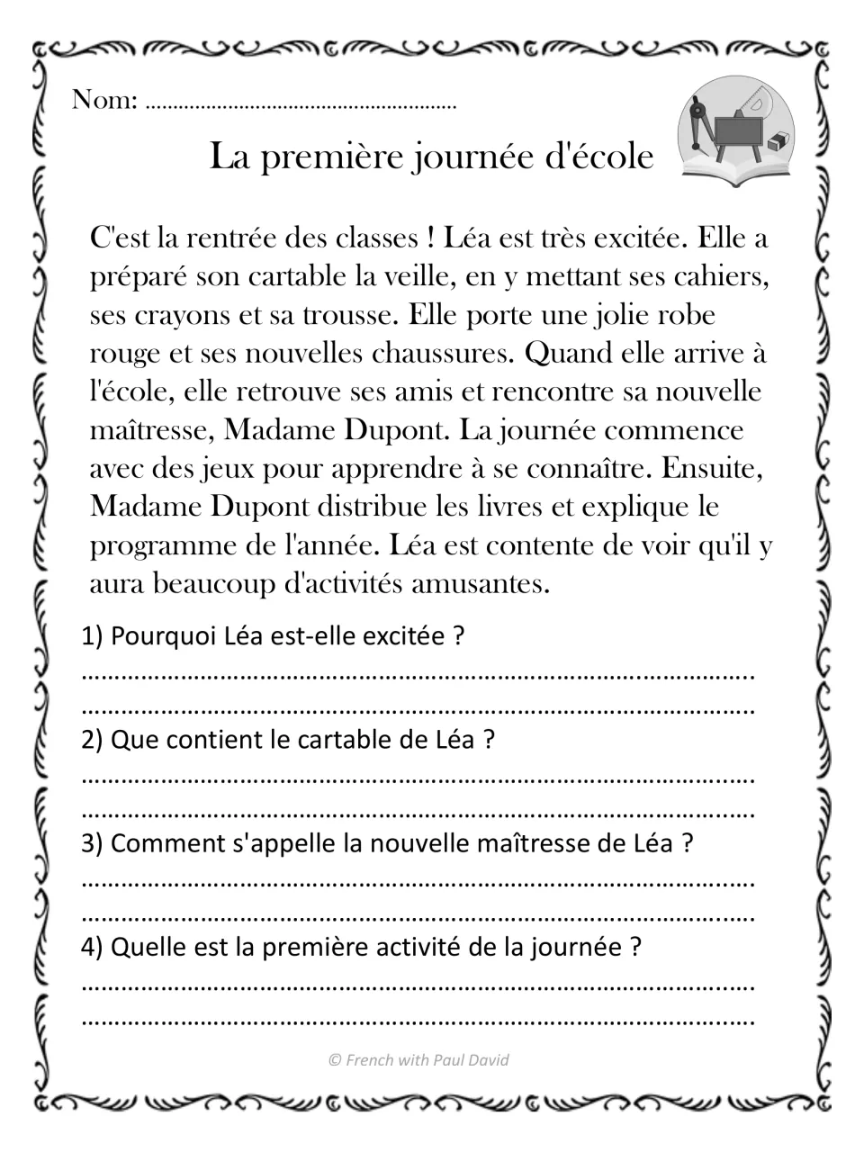 La première journée d'école: students read about Léa's first school day and answer 4 French comprehension questions