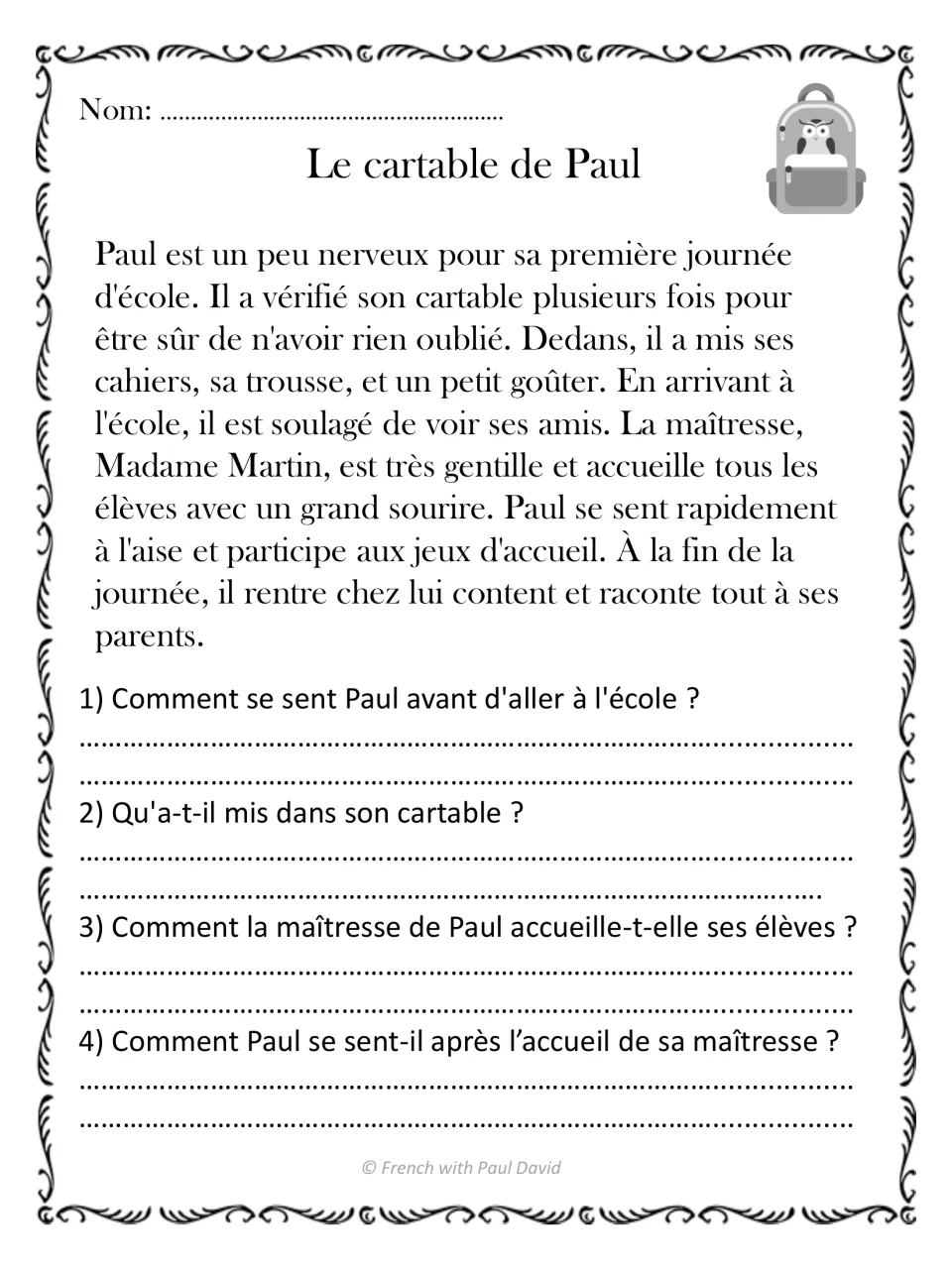 Le cartable de Paul: French reading passage on Paul's nervous first day, then 4 questions on his feelings and schoolbag