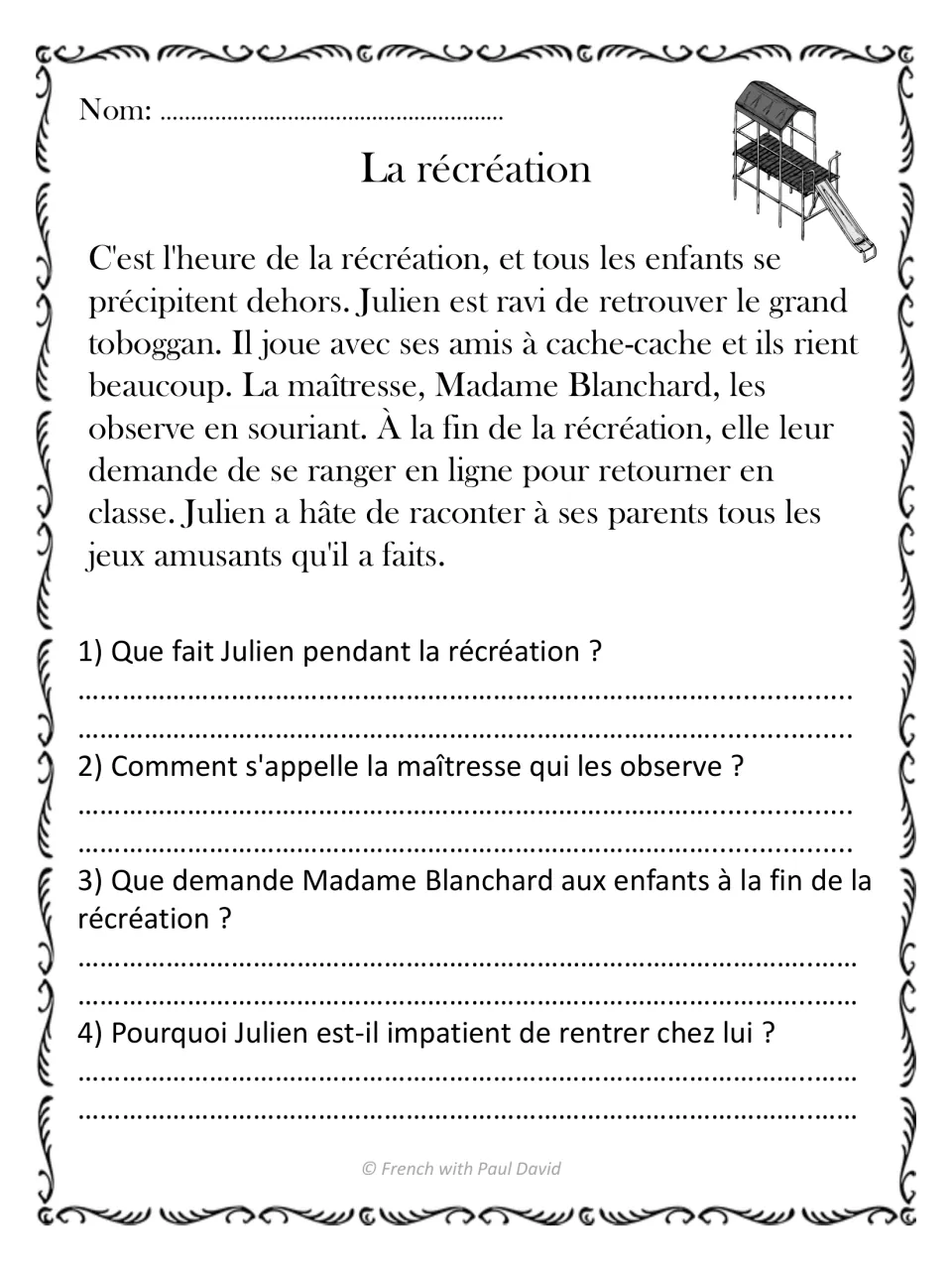 La récréation: French recess story about Julien on the slide and at hide-and-seek, followed by 4 comprehension questions