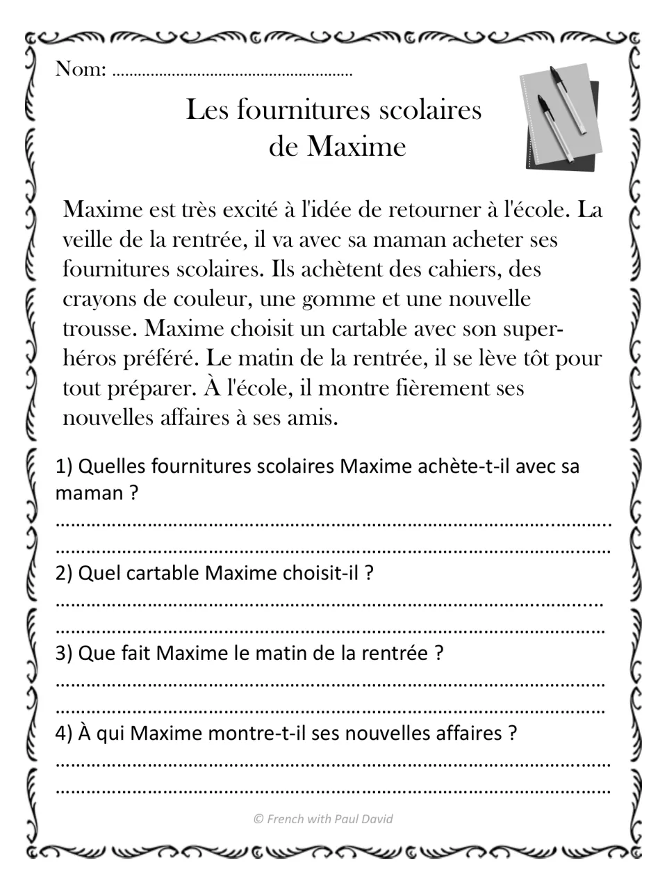 Les fournitures scolaires de Maxime: French text on buying school supplies, with 4 questions on what Maxime buys and does