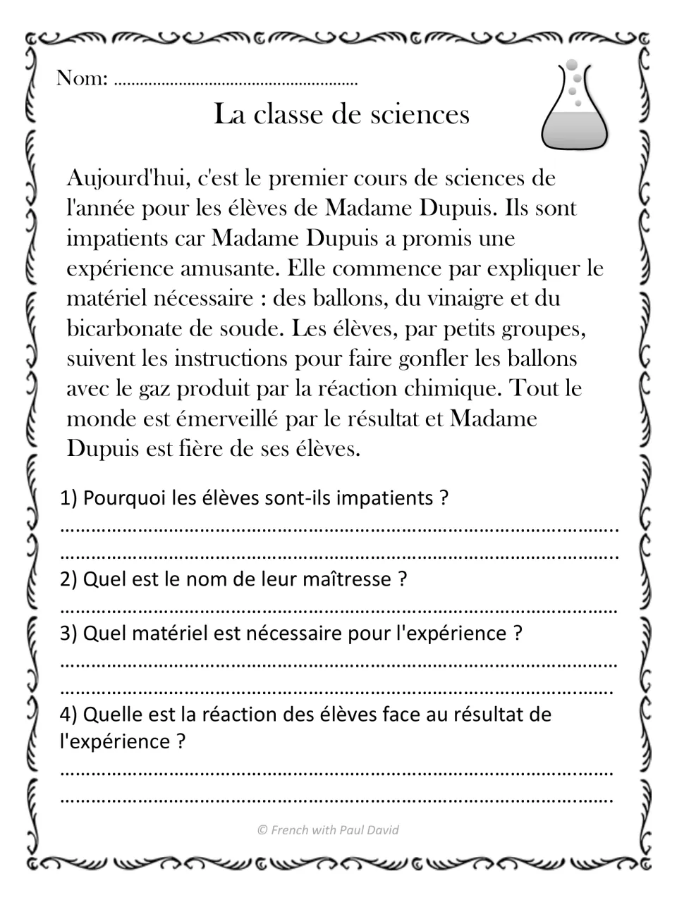 La classe de sciences: French story of a balloon, vinegar and baking soda experiment, with 4 reading comprehension questions