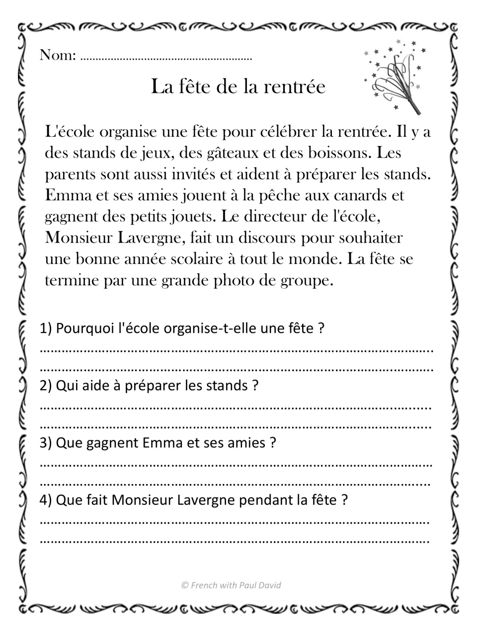 La fête de la rentrée: students read about a back-to-school party with game stands and answer 4 French questions