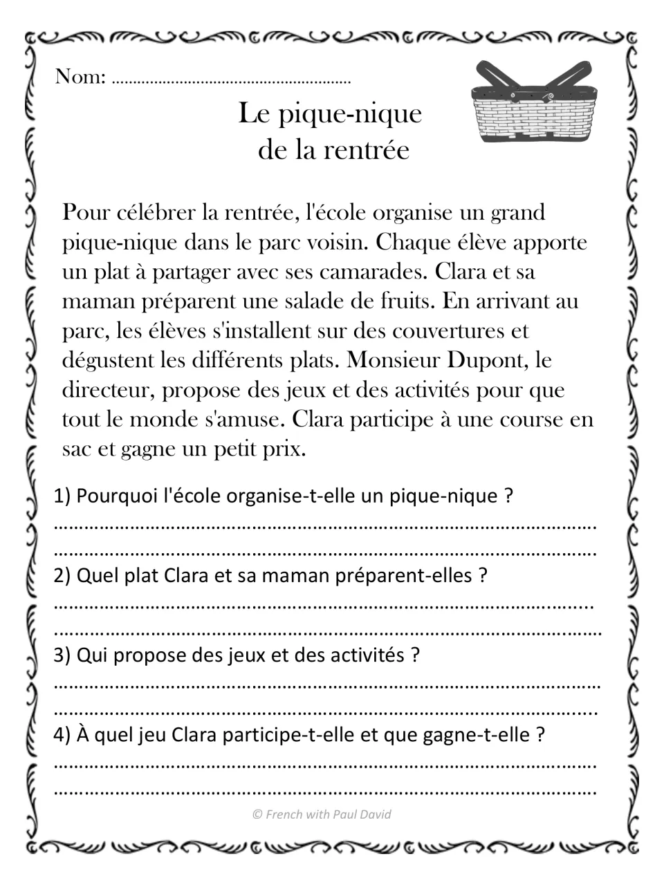 Le pique-nique de la rentrée: French text on a school picnic and Clara's sack race, followed by 4 comprehension questions