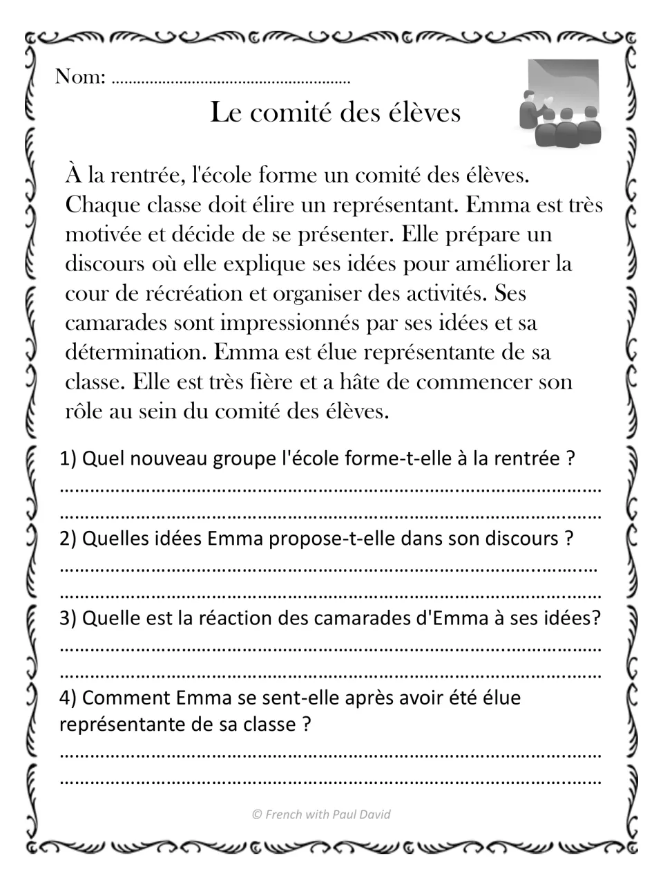 Le comité des élèves: students read how Emma is elected class representative and answer 4 French comprehension questions