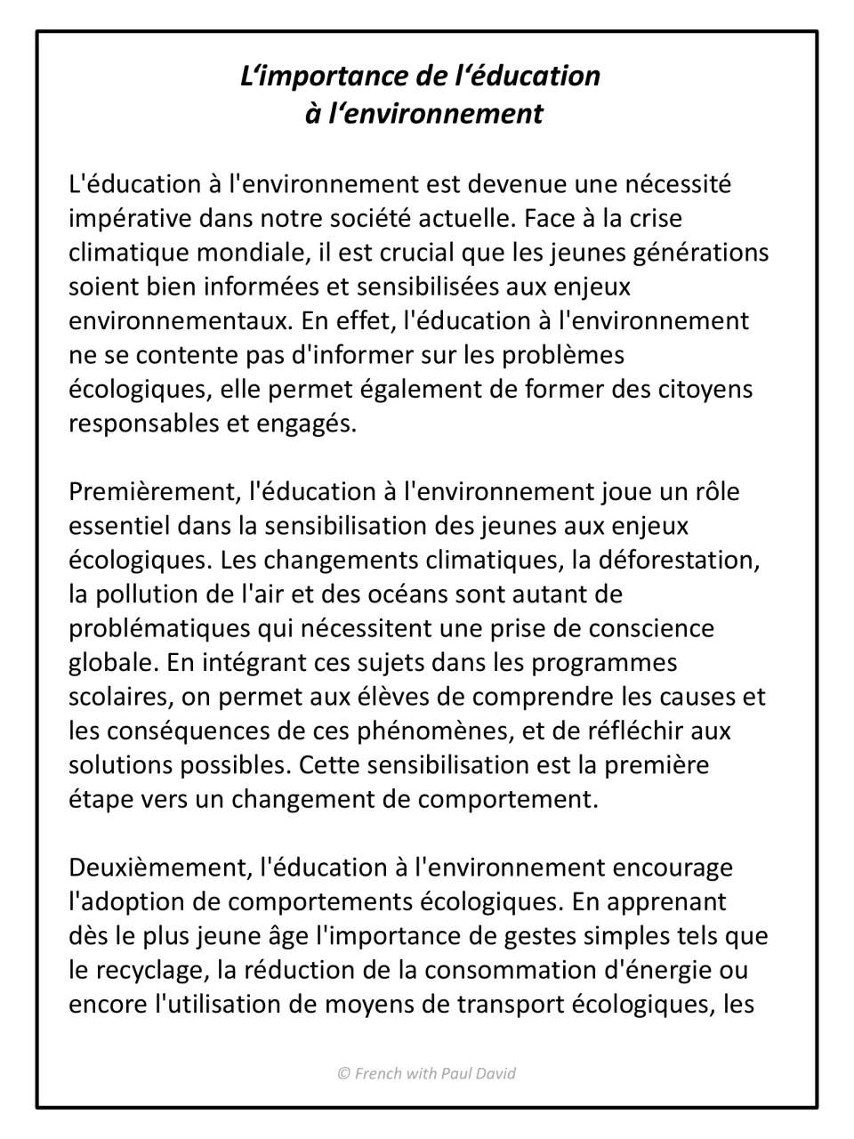 French argumentative text on environmental education: intro thesis plus first two arguments on awareness and eco-habits