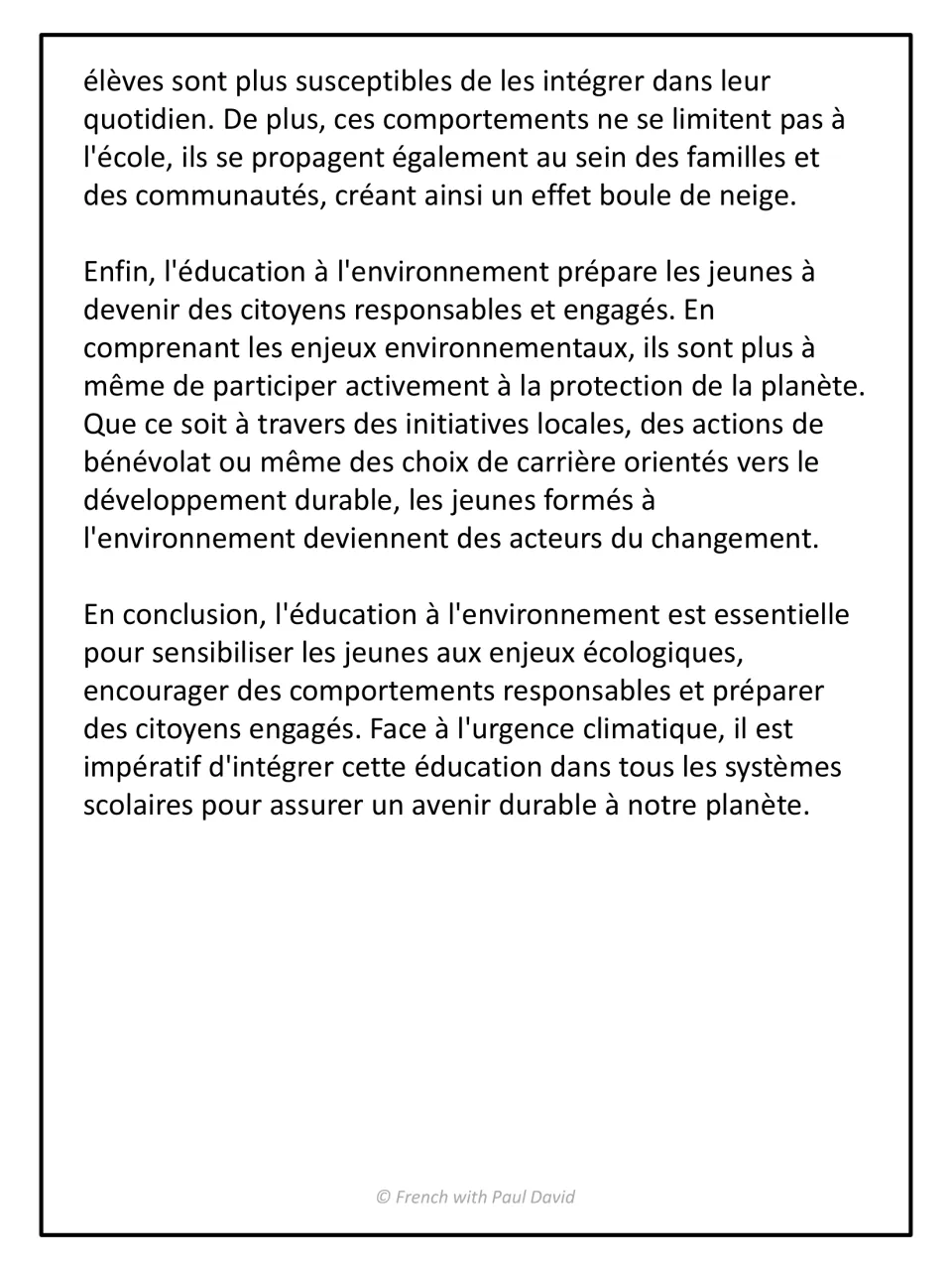 Second half of the French essay: third argument on engaged citizens and a conclusion calling for eco-education in schools