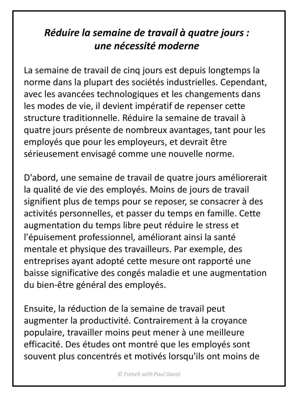 Argumentative text on a four-day work week: students read the thesis and arguments on quality of life and productivity