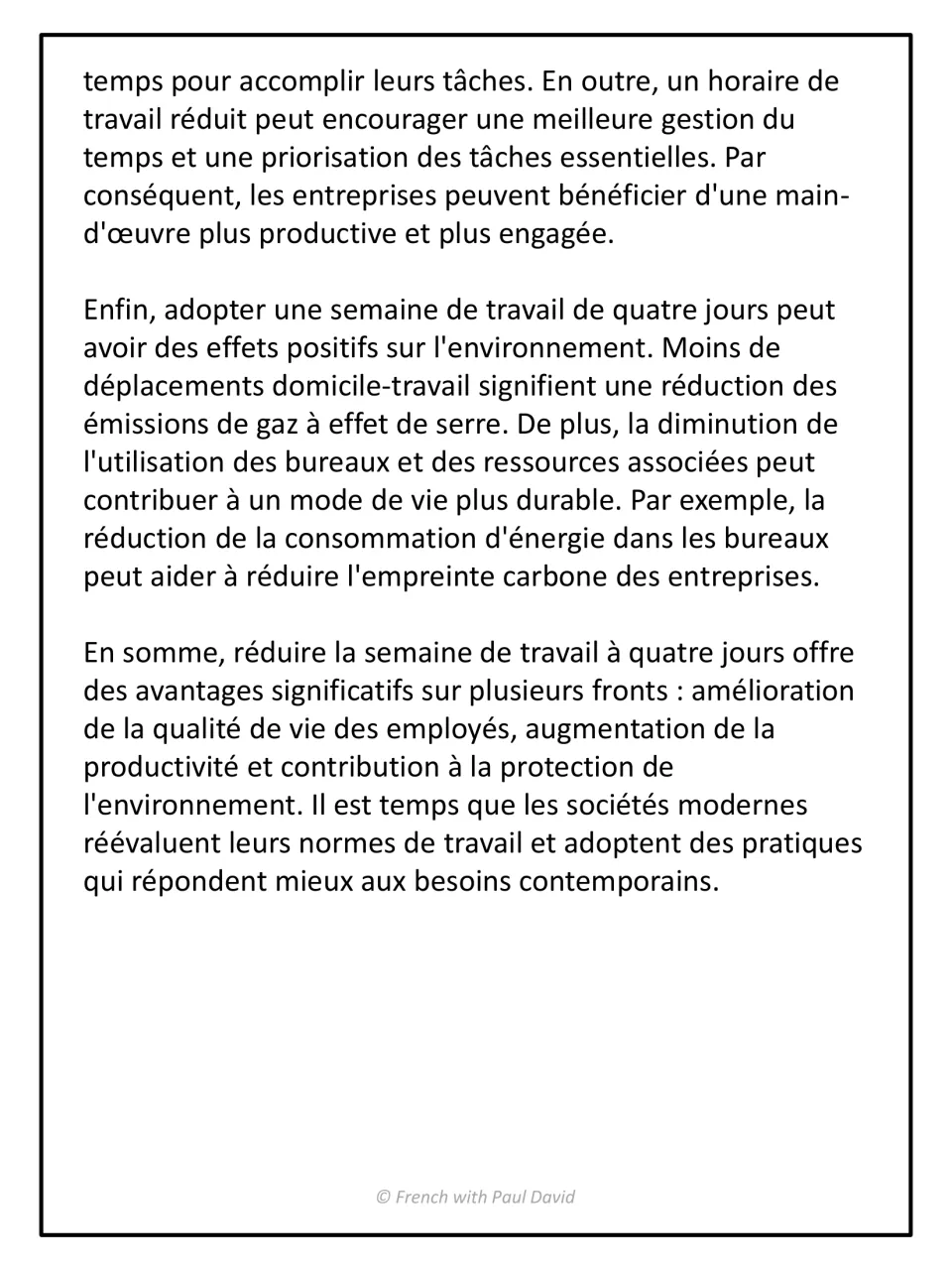 Four-day work week essay, part 2: students read the environmental argument and the 'En somme' conclusion calling for change