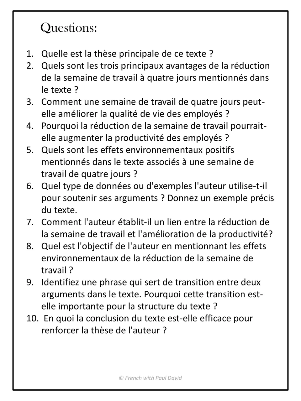 Ten French comprehension questions: students identify the thesis, three benefits, supporting examples and a transition