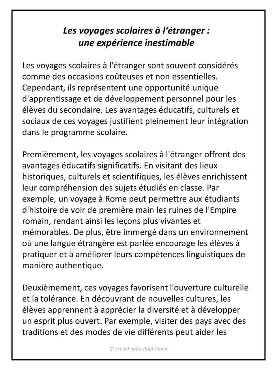 French argumentative text on school trips abroad: opening thesis plus arguments on educational value and cultural openness
