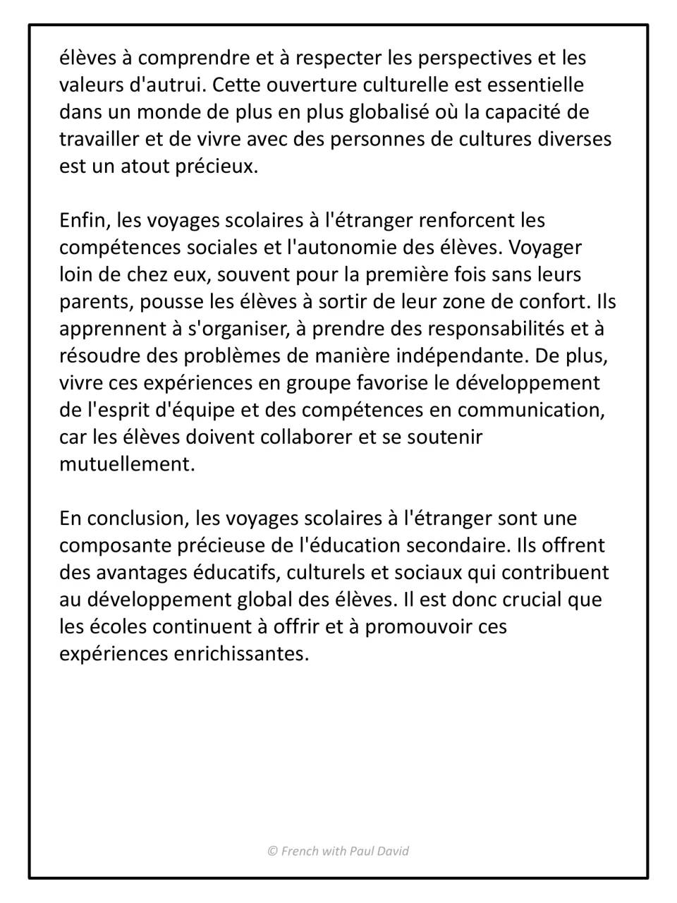 Rest of the French essay on school trips: argument on social skills and autonomy, then a conclusion restating the thesis