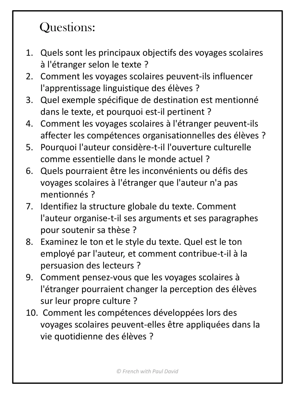 Reading comprehension: 10 French questions on the school-trip essay, covering details, structure, tone and personal response