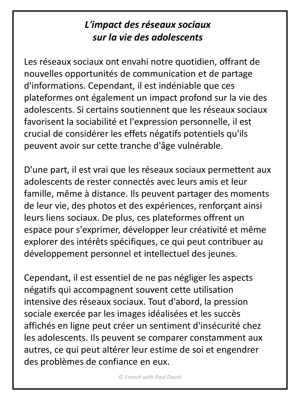 L'impact des réseaux sociaux, part 1: students read the French essay's intro, benefits and first drawback for teens