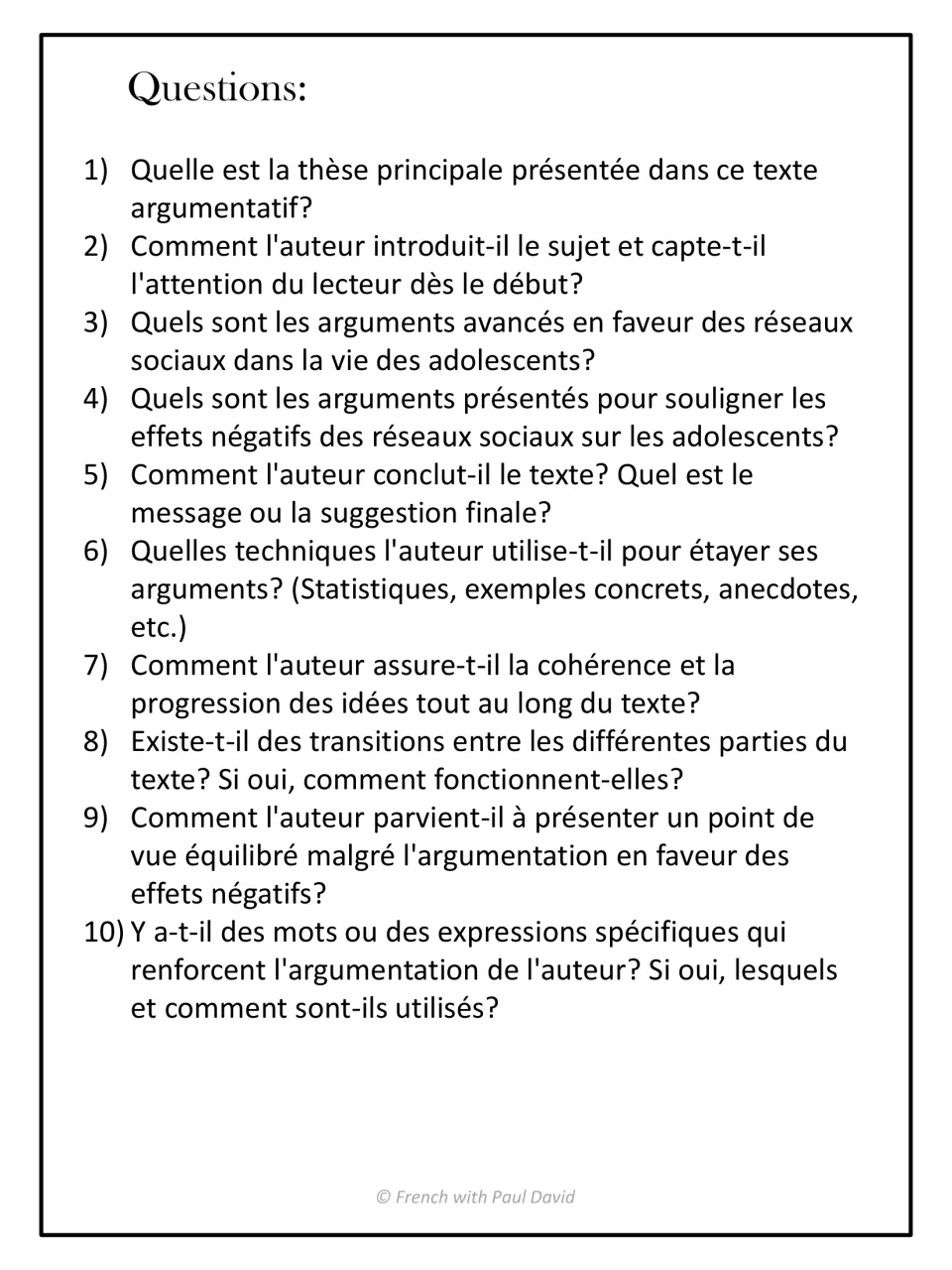 Comprehension questions in French: 10 items asking students to find the thesis, arguments, transitions and conclusion