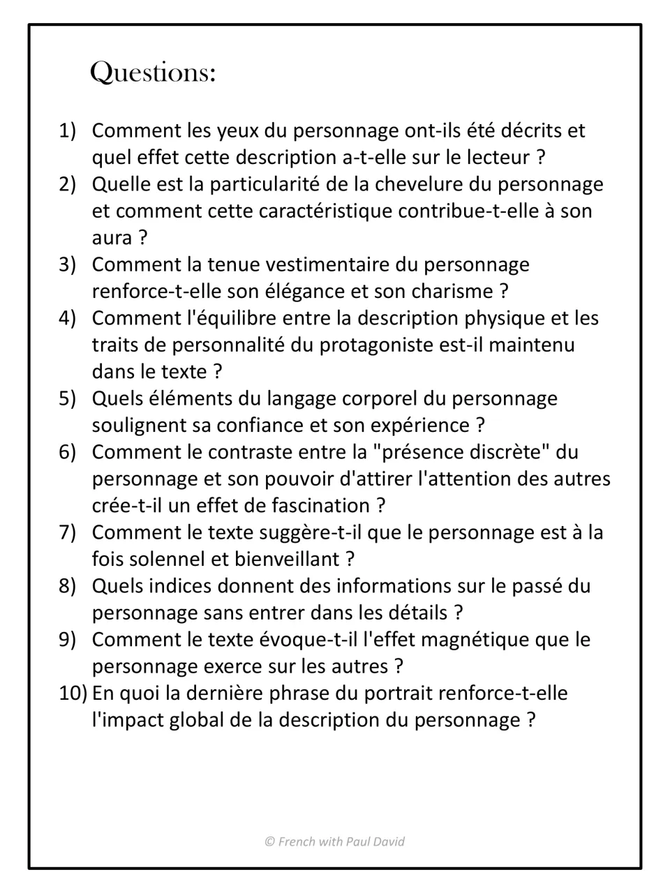 Comprehension questions in French: students answer 10 prompts analysing how the portrait describes the character