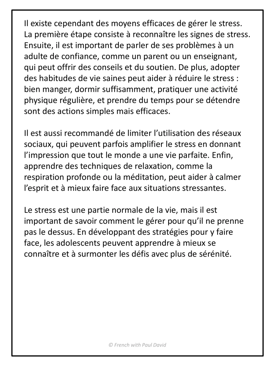 French informational text on teen stress, part 2: students read ways to manage it, from healthy habits to deep breathing