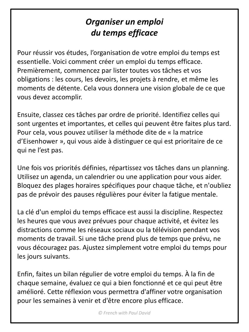 Prescriptive French reading passage "Organiser un emploi du temps efficace": students read steps for planning study time