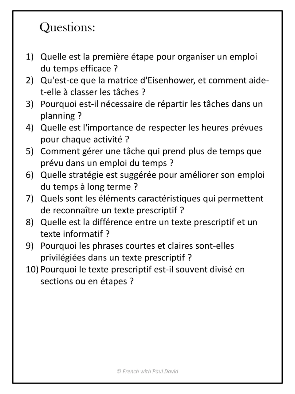 Reading comprehension: students answer 10 questions on schedule steps, Eisenhower matrix and prescriptive text traits