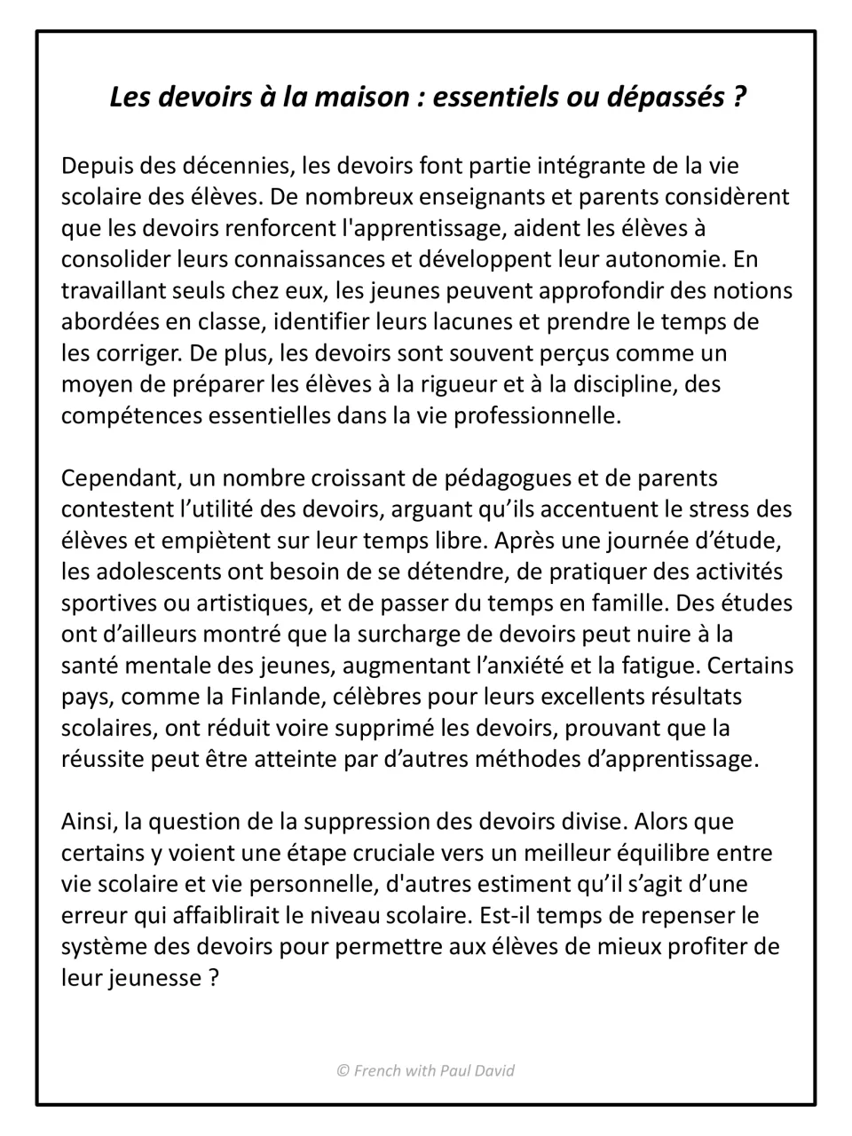 French argumentative text on homework, essential or outdated: students read arguments for and against, including Finland