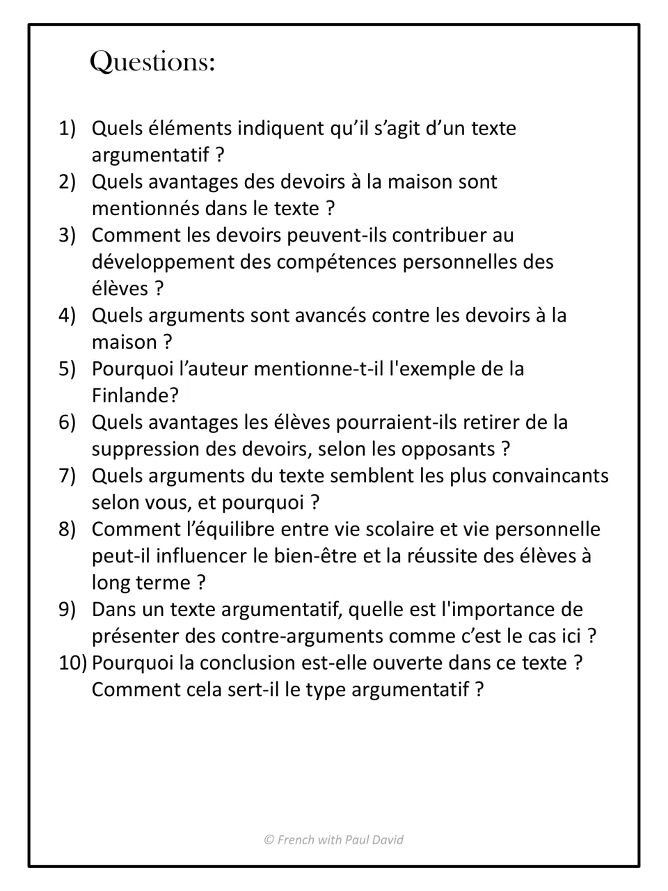 Questions on the homework text: students answer 10 French questions on arguments, counter-arguments and the open ending