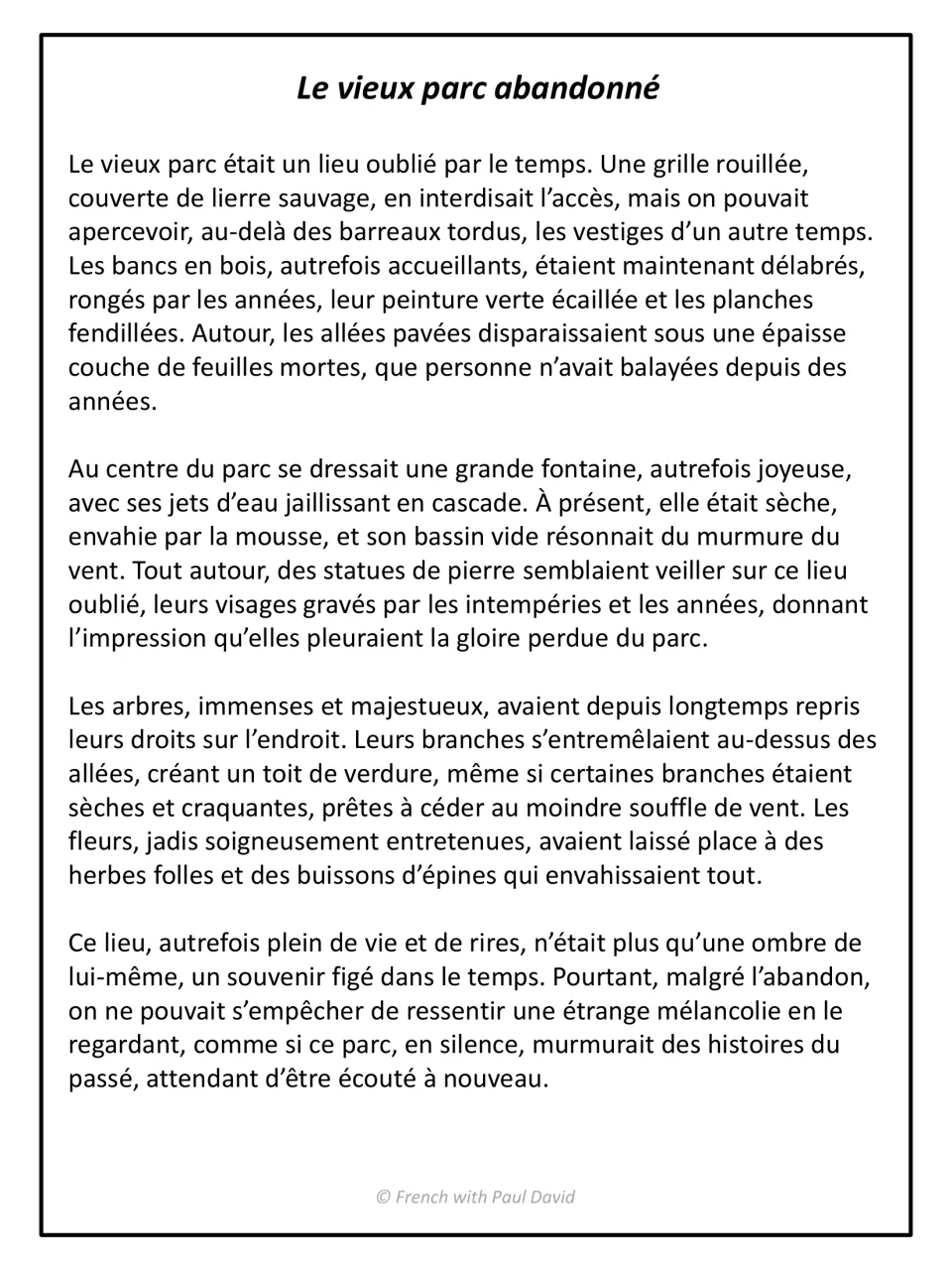 Le vieux parc abandonné: a four-paragraph French descriptive text about a forgotten park's fountain, statues and trees