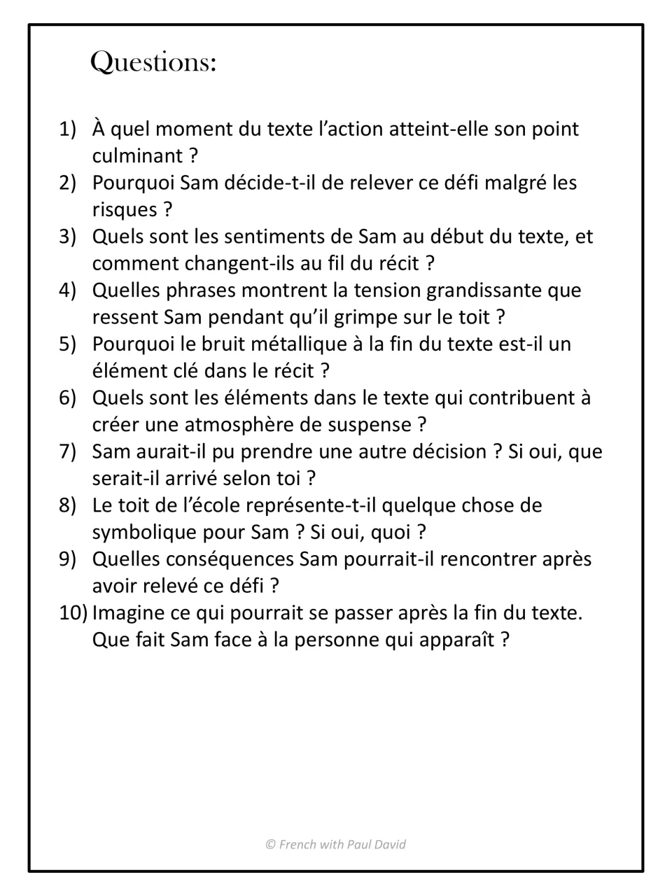 Questions on "Le défi de Sam": students answer 10 open questions on climax, Sam's feelings, suspense and symbolism