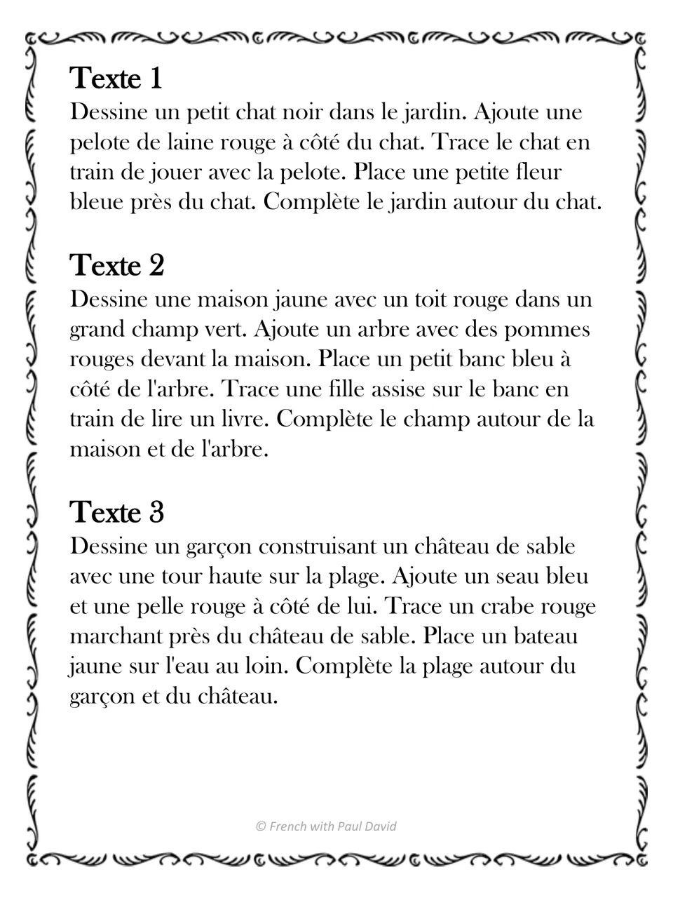French listening and drawing texts 1–3: a black cat in a garden, a yellow house, and a boy building a sandcastle