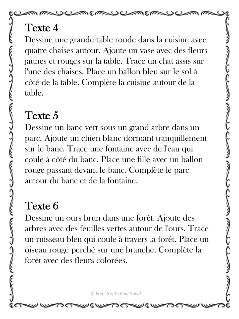 French listening and drawing texts 4–6: a kitchen table, a park bench with a sleeping dog, and a forest bear