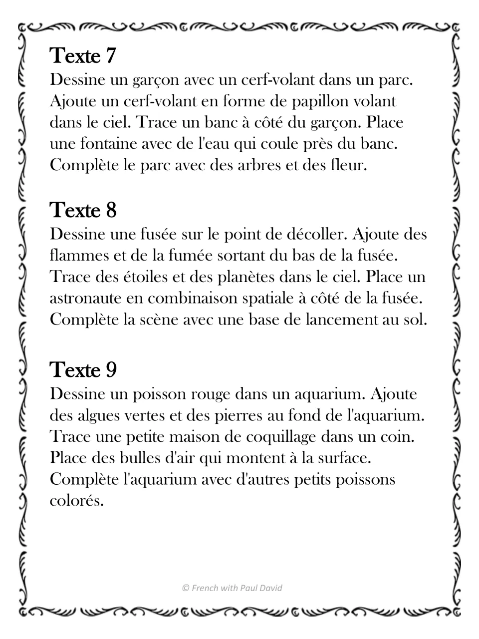 French listening and drawing texts 7–9: a boy with a kite, a rocket ready for launch, and a fish in an aquarium