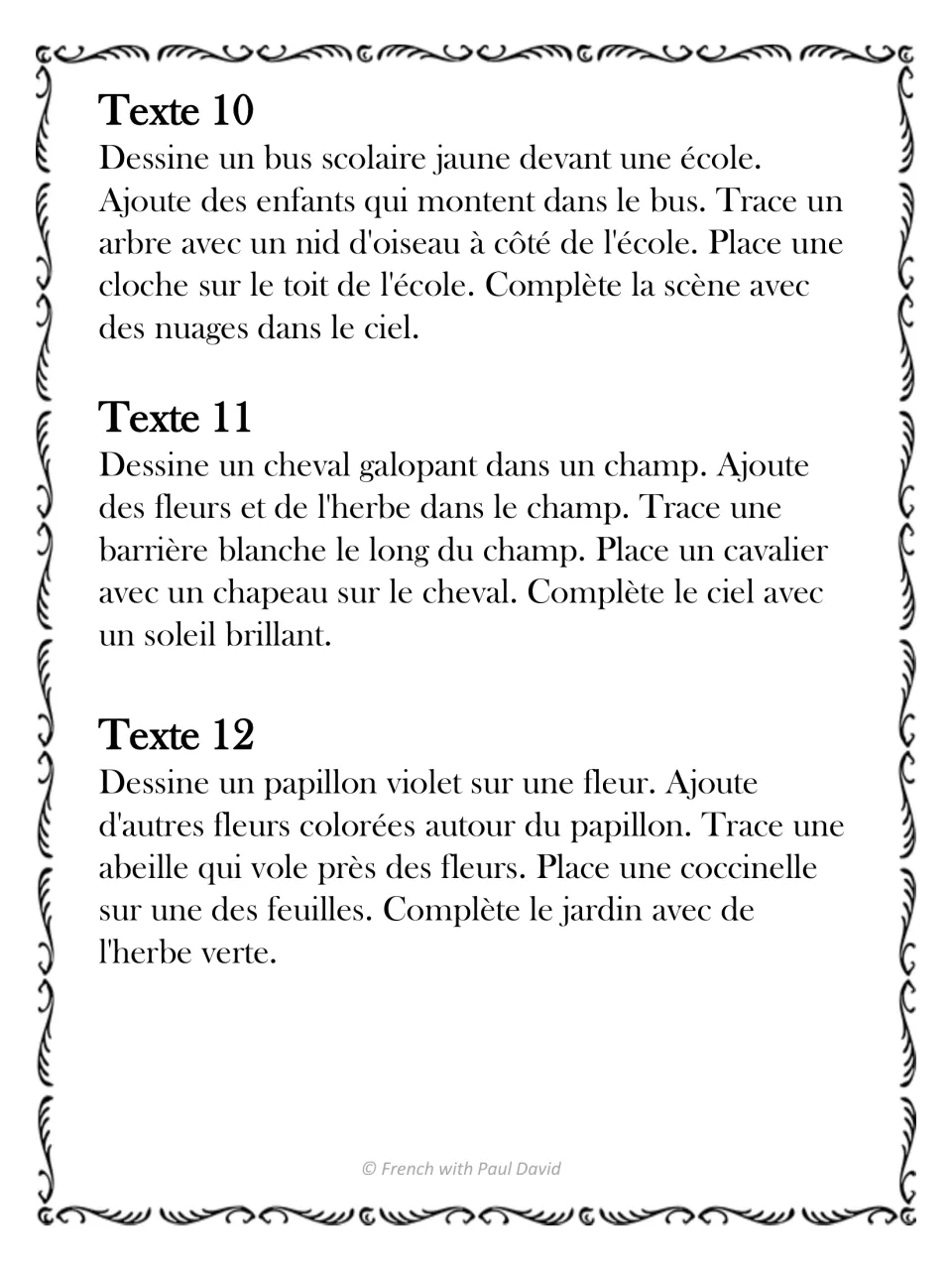 French listening and drawing texts 10–12: a yellow school bus, a galloping horse, and a purple butterfly