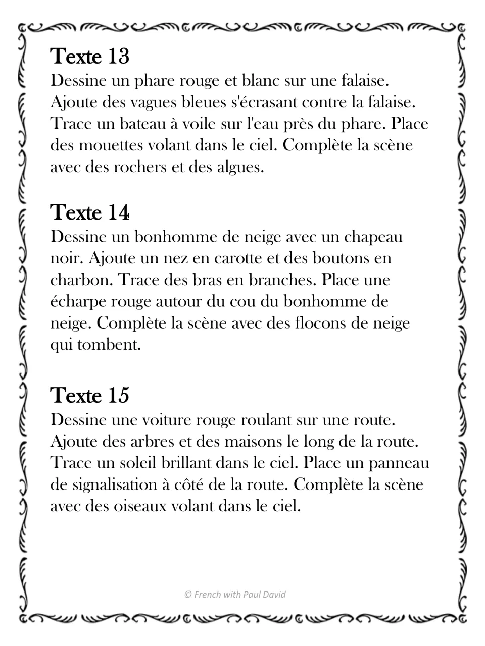 French listening and drawing texts 13–15: a lighthouse on a cliff, a snowman, and a red car on a road