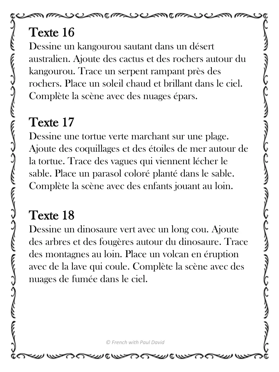 French listening and drawing texts 16–18: a desert kangaroo, a beach turtle, and a dinosaur near a volcano