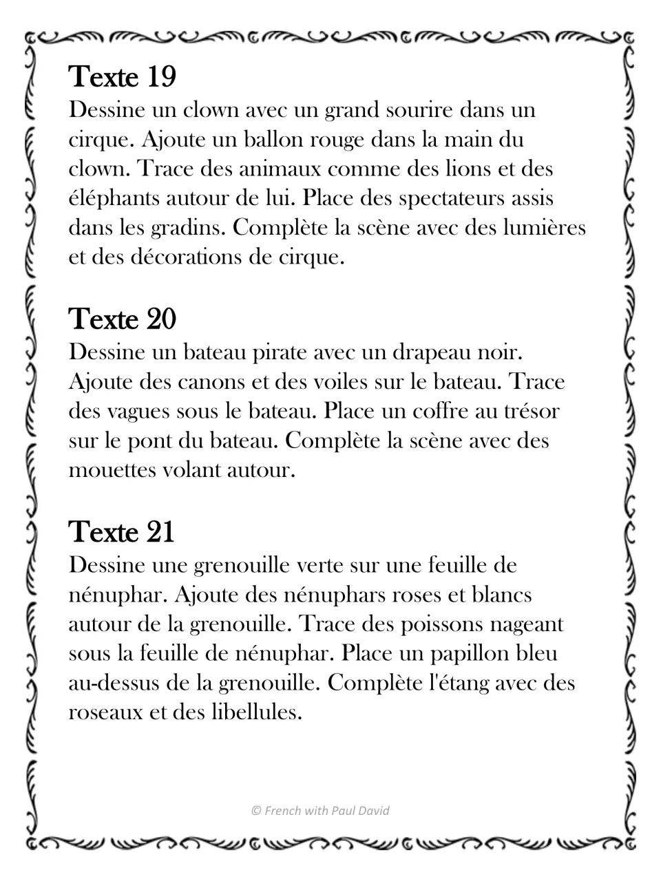 French listening and drawing texts 19–21: a circus clown, a pirate ship, and a green frog on a lily pad