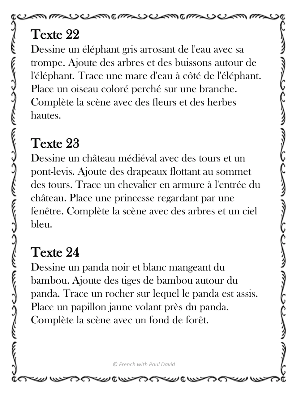 French listening and drawing texts 22–24: an elephant spraying water, a medieval castle, and a panda