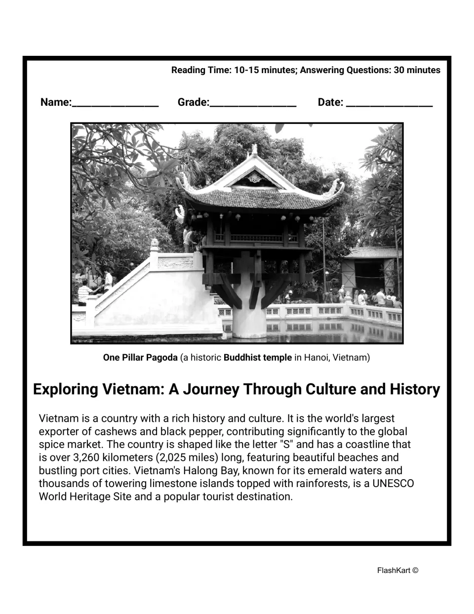 Exploring Vietnam reading passage opens with a One Pillar Pagoda photo and facts on cashews, the S shape and Halong Bay