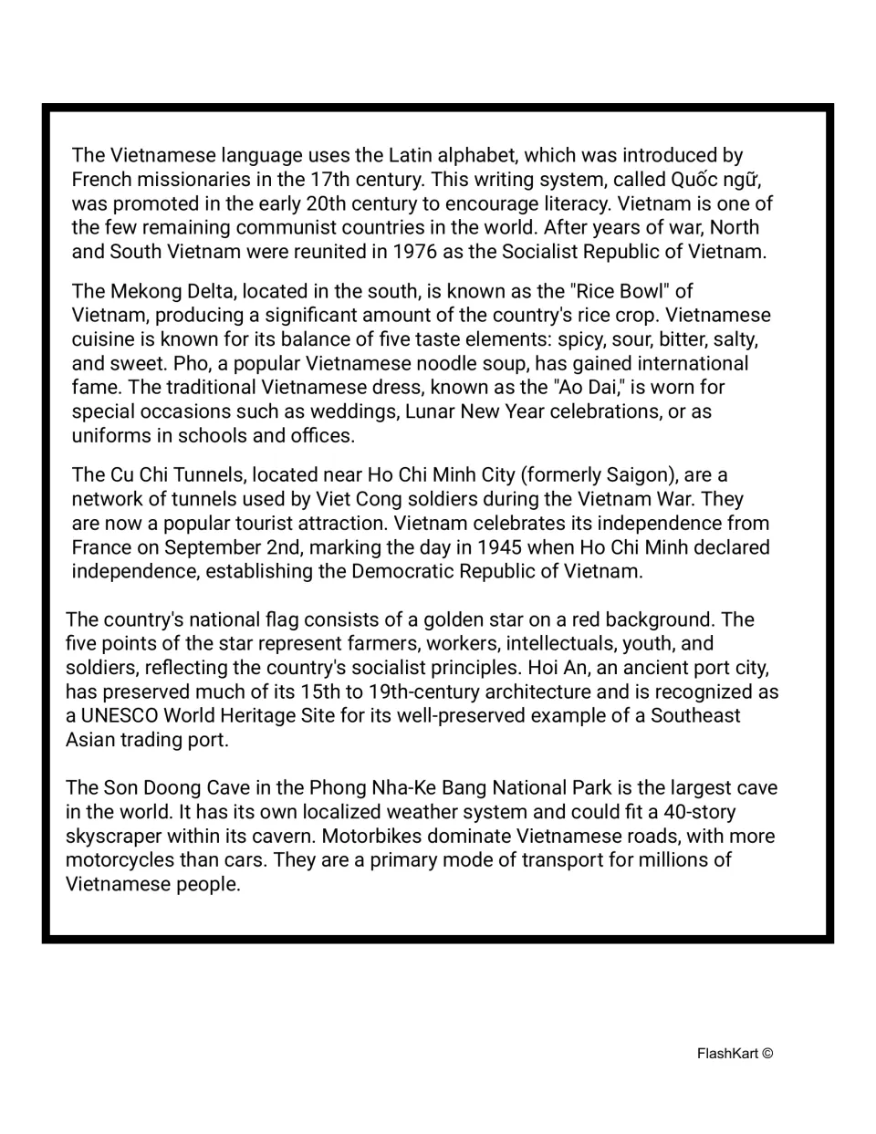 Vietnam passage continued: Quoc ngu script, Mekong Delta, pho, Ao Dai, Cu Chi Tunnels, flag and Son Doong Cave