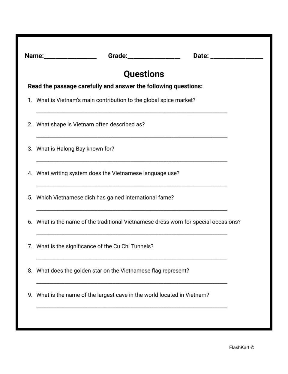 Comprehension questions 1-9 on Vietnam: students write short answers on spices, Halong Bay, pho, flag and caves