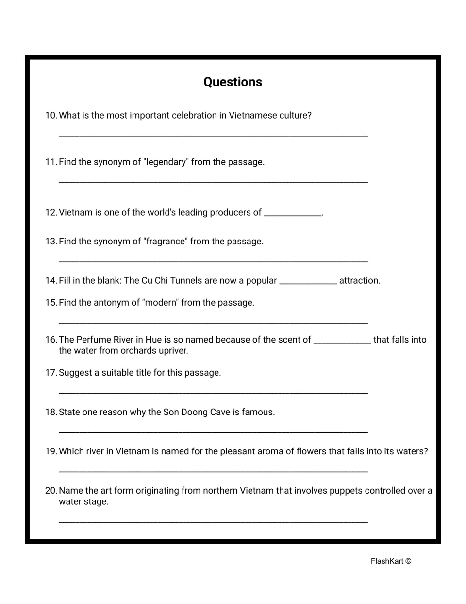 Questions 10-20 on Vietnam: students find synonyms and an antonym, fill in blanks and suggest a title for the passage