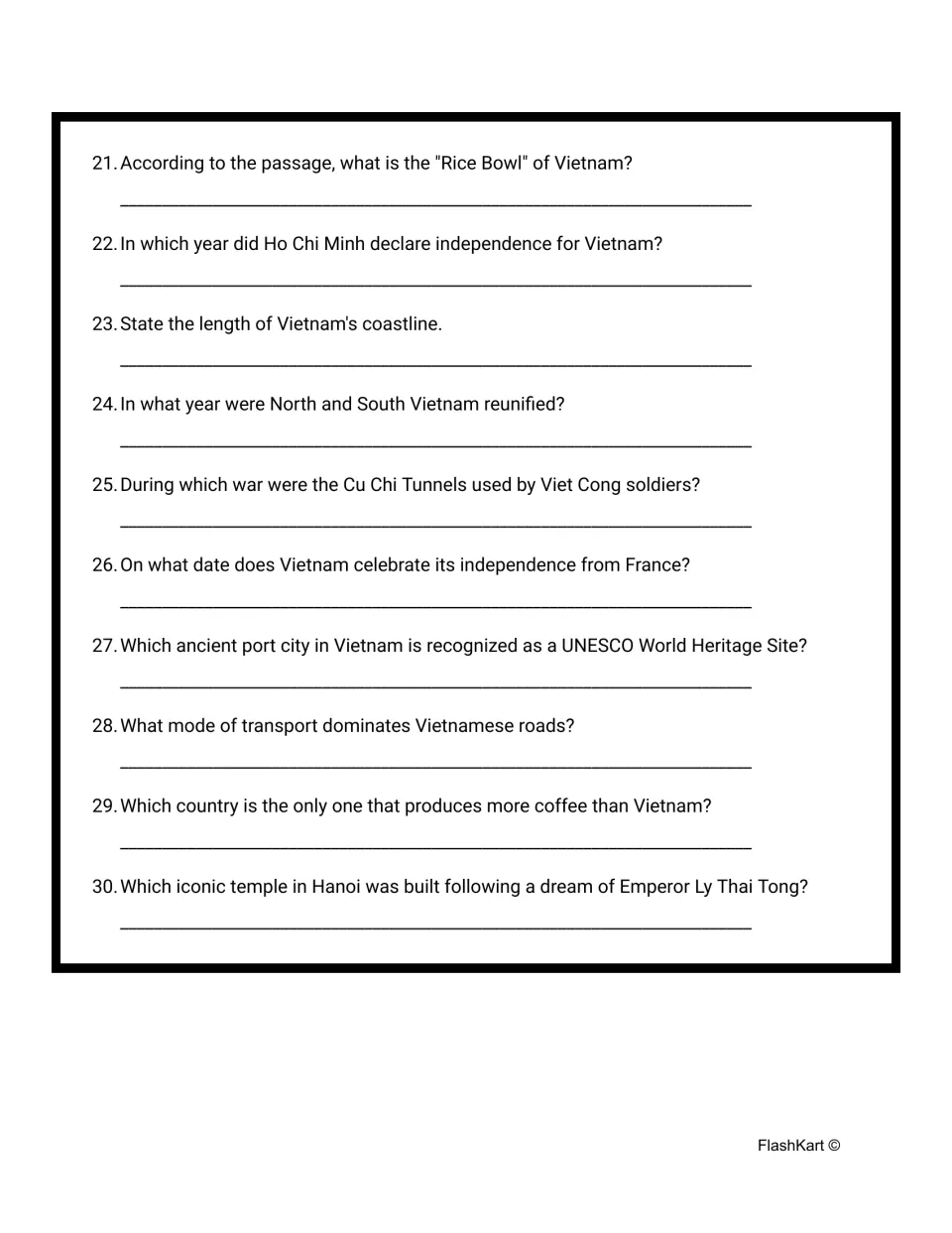 Questions 21-30 on Vietnam: students recall key dates, coastline length, Hoi An, motorbikes and the One Pillar Pagoda