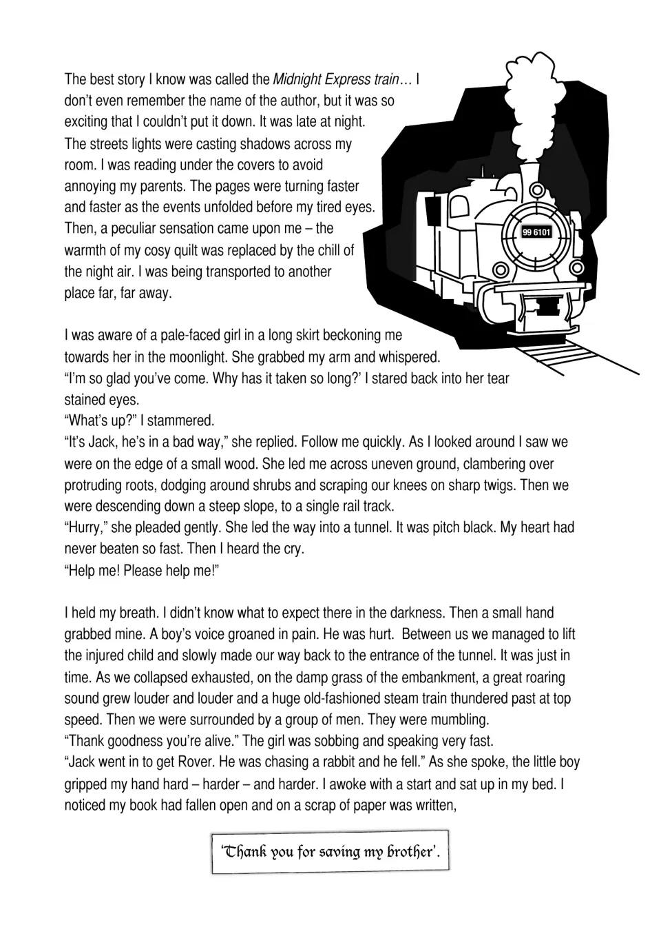 Midnight Express train story: a reader enters a book and rescues an injured boy from a rail tunnel as a steam train nears