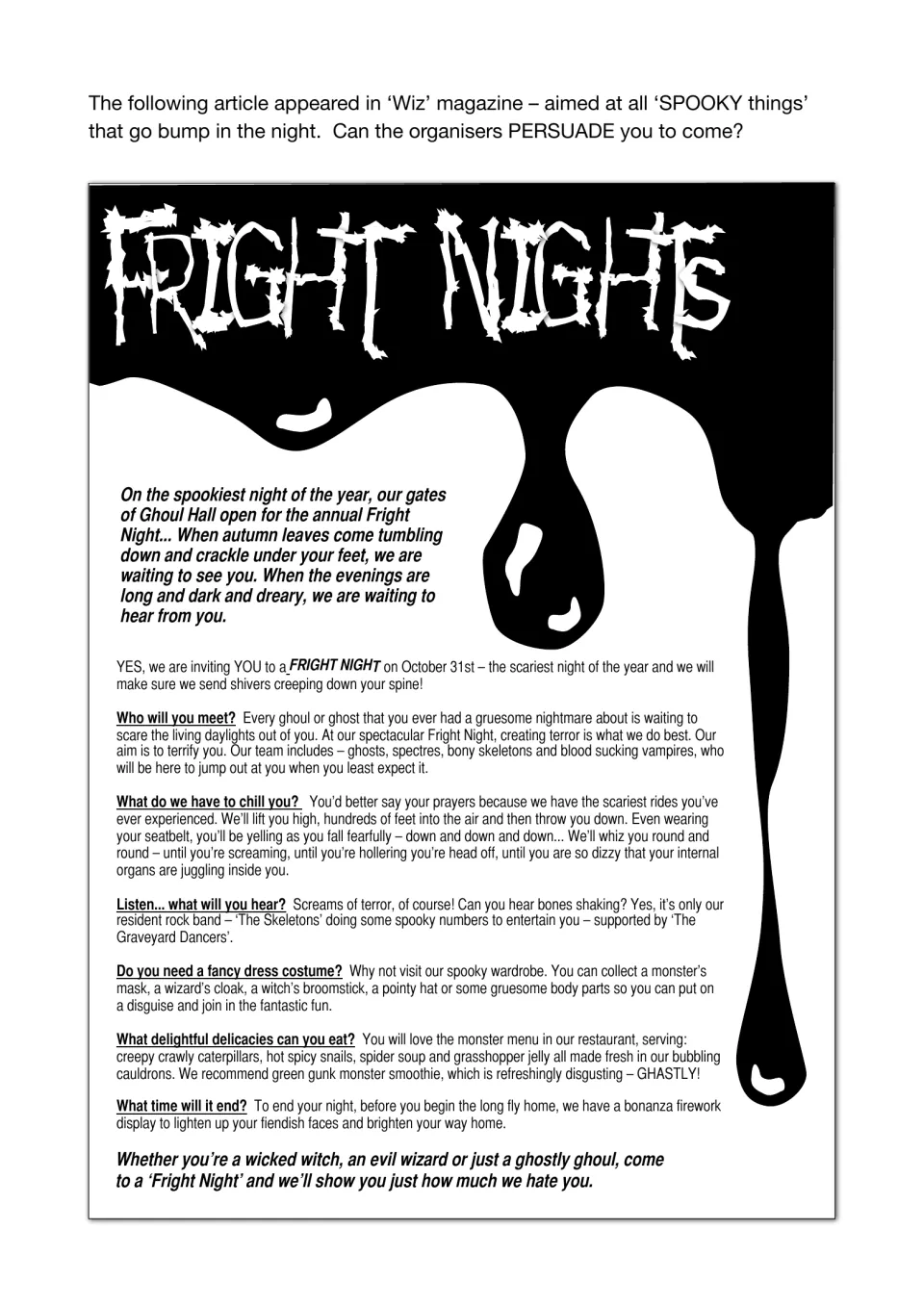 Fright Nights persuasive article inviting readers to an October 31st event at Ghoul Hall with rides, food and costumes