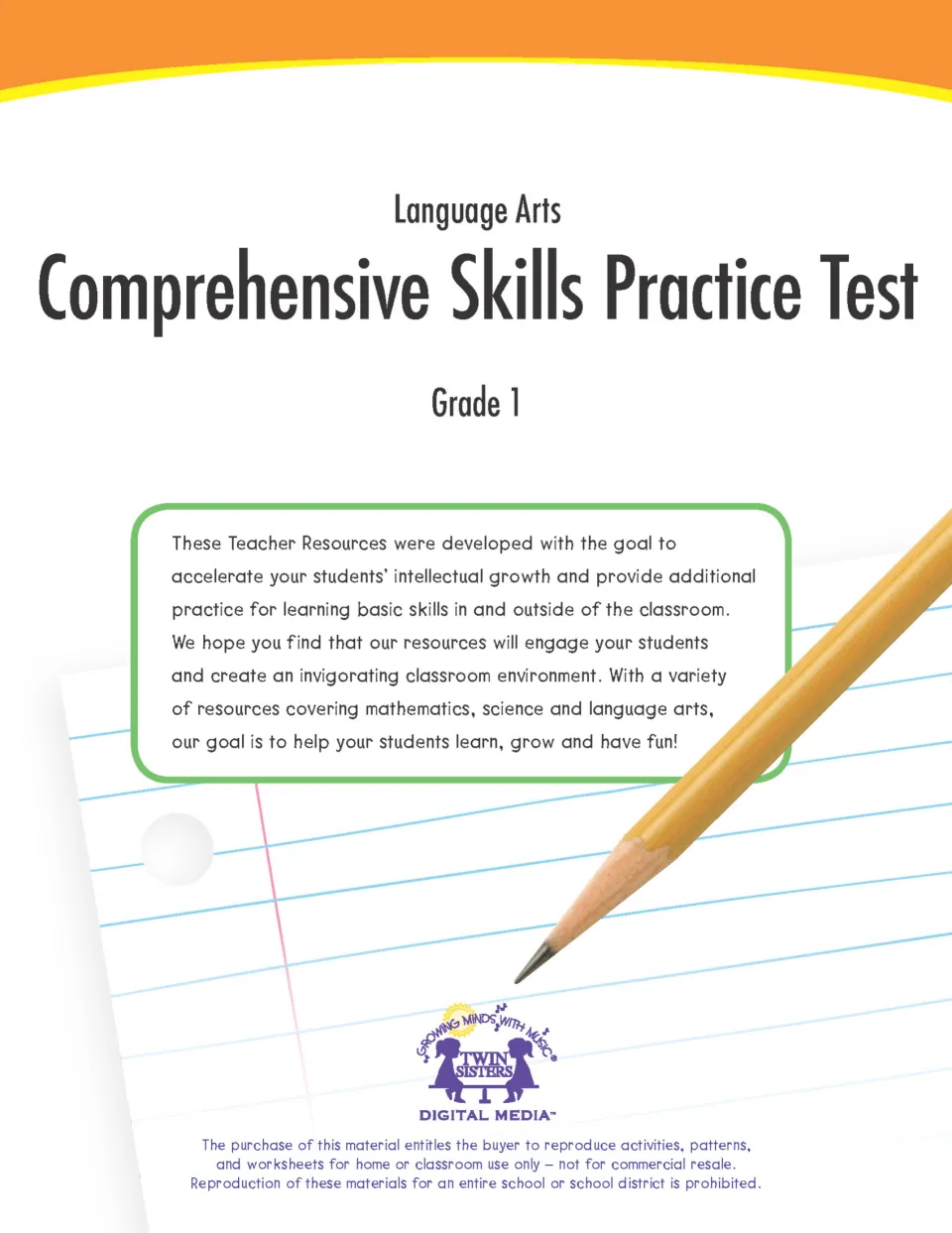 Language Arts Comprehensive Skills Practice Test cover for Grade 1, with a note on basic skills practice and reuse terms