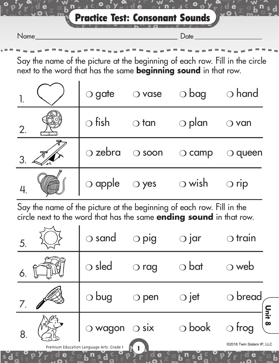 Consonant sounds test: students match each picture's beginning or ending sound to one of four words across 8 rows
