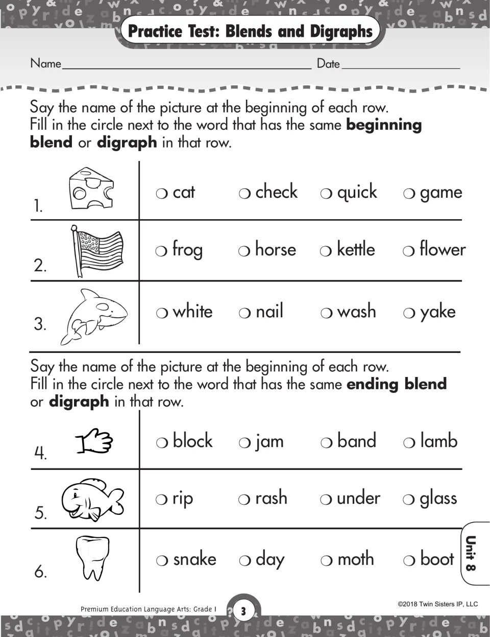 Blends and digraphs test: students match pictures like cheese, flag and tooth to words with the same beginning or ending