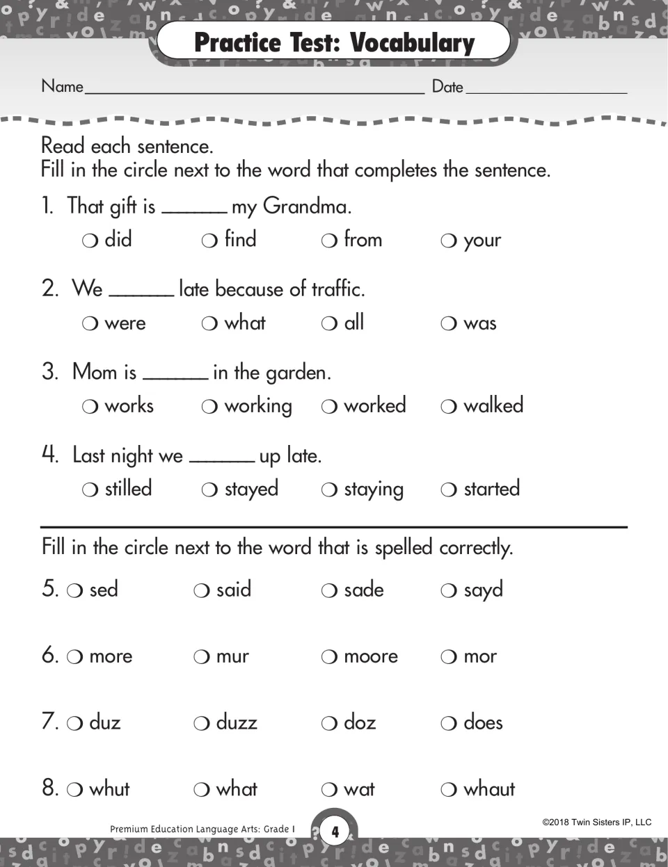Vocabulary test: students pick the word that completes 4 sentences, then choose the correct spelling of said, more, does