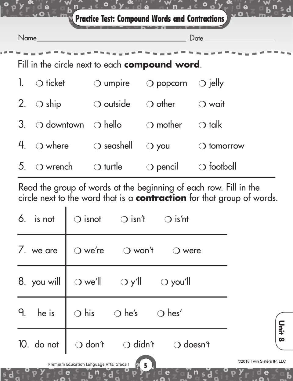Compound words and contractions test: students spot compound words like popcorn, then pick contractions such as isn't