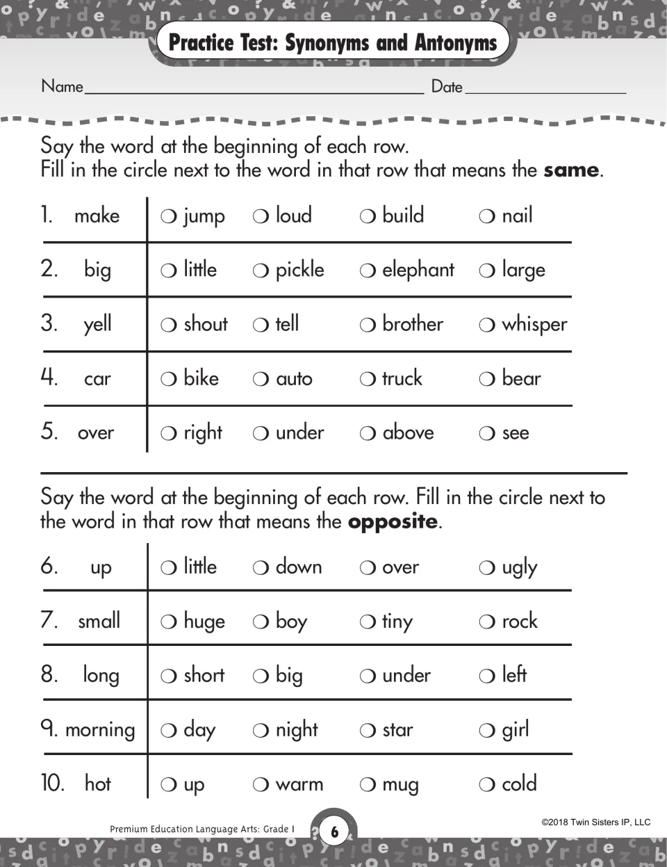 Synonyms and antonyms test: students fill in the word meaning the same as make or big, then the opposite of up or hot