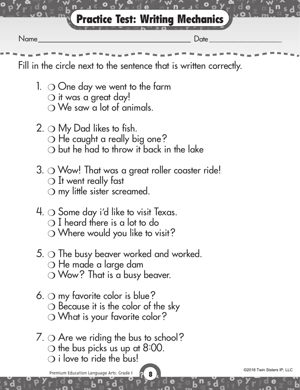 Writing mechanics test: students choose the one correctly capitalized and punctuated sentence in each of 7 sets of three